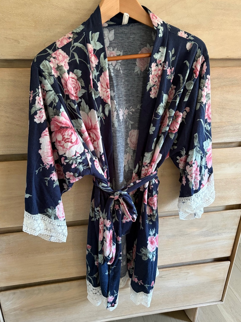 Pinkblush Navy Floral Lace-Trim Kimono Robe (maternity/postpartum)